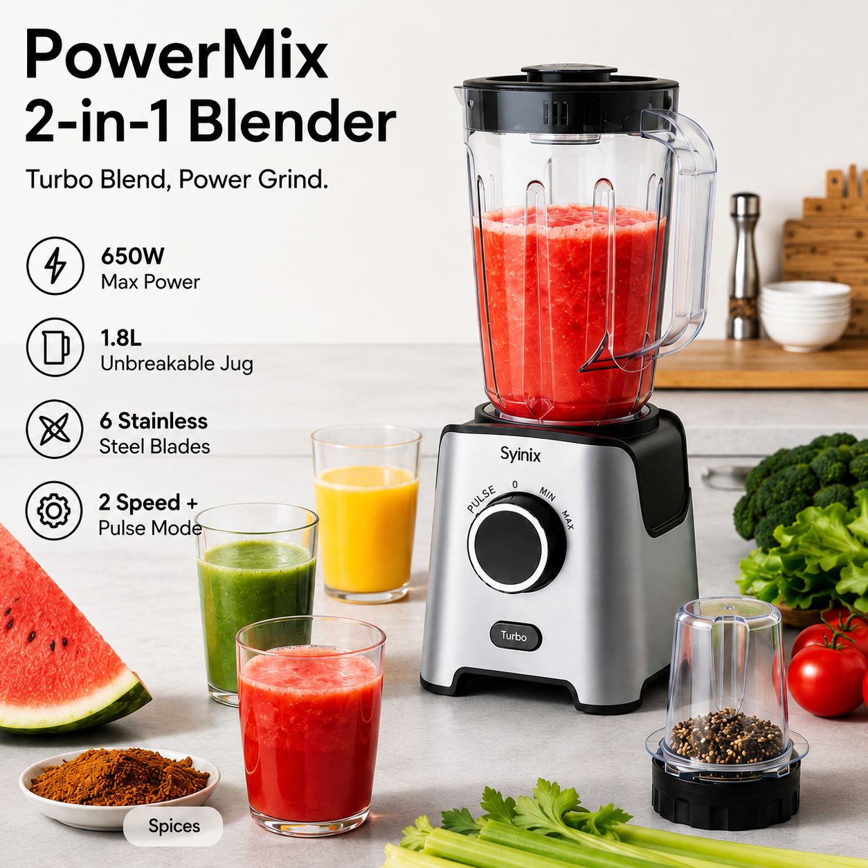 Syinix PowerMix 2-in-1 Blender SBL65E1 – 650W Blender & Grinder with Turbo Function