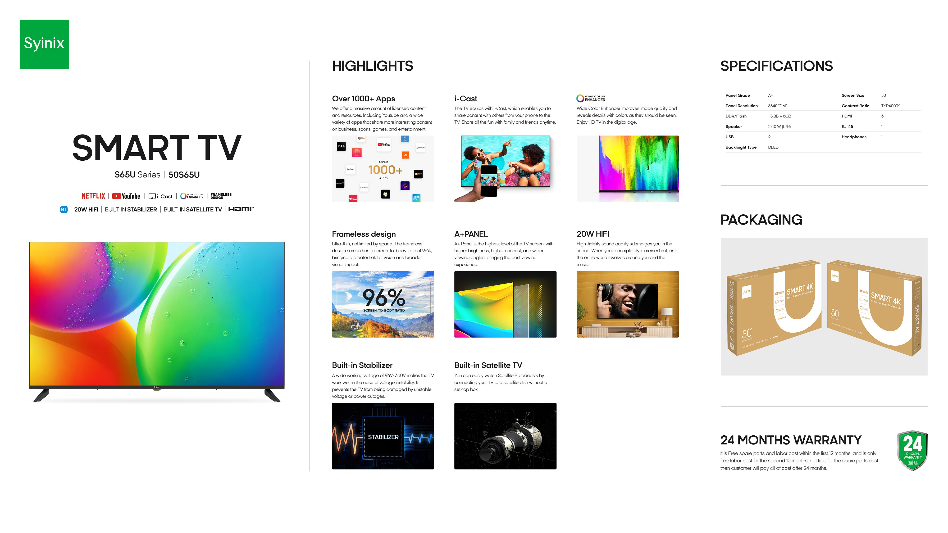SYINIX 50'' FRAMELESS SMART TV 50S65