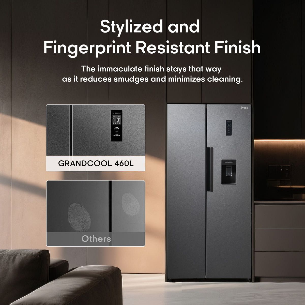 Syinix FD460SBWS GrandCool 460L Side-by-Side Fridge with Water Dispenser