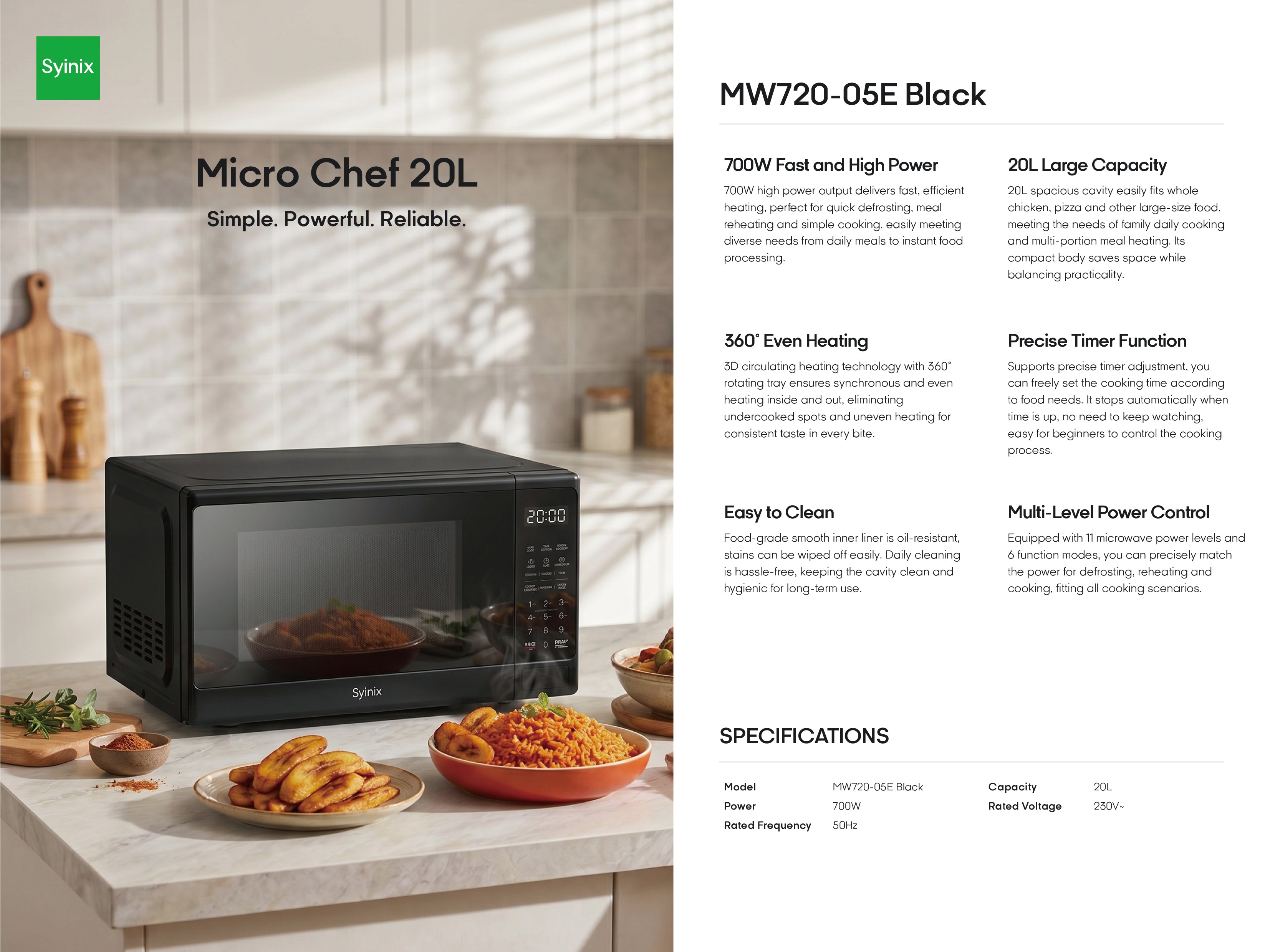 Syinix Micro Chef 20L Microwave Oven MW720-05E Black – 700W Digital Microwave