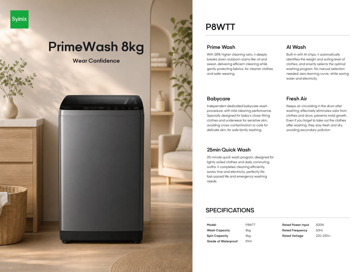Syinix P8WTTG PrimeWash 8kg Top-Load Washing Machine with AI Wash