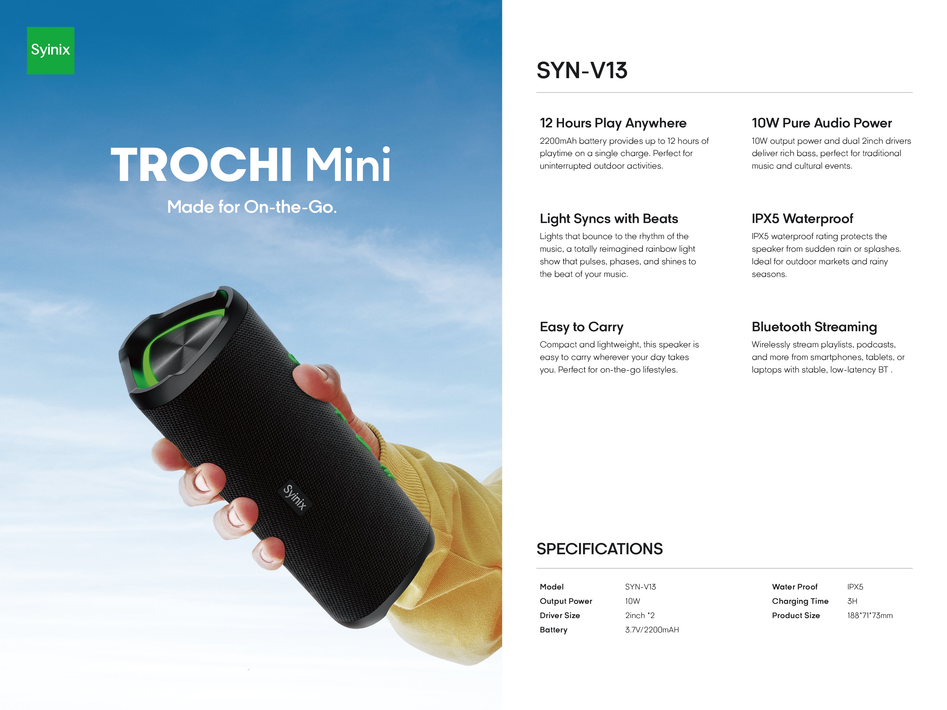 Syinix TROCHI Mini Bluetooth Speaker SYN-V13 – Portable Waterproof Wireless Speaker
