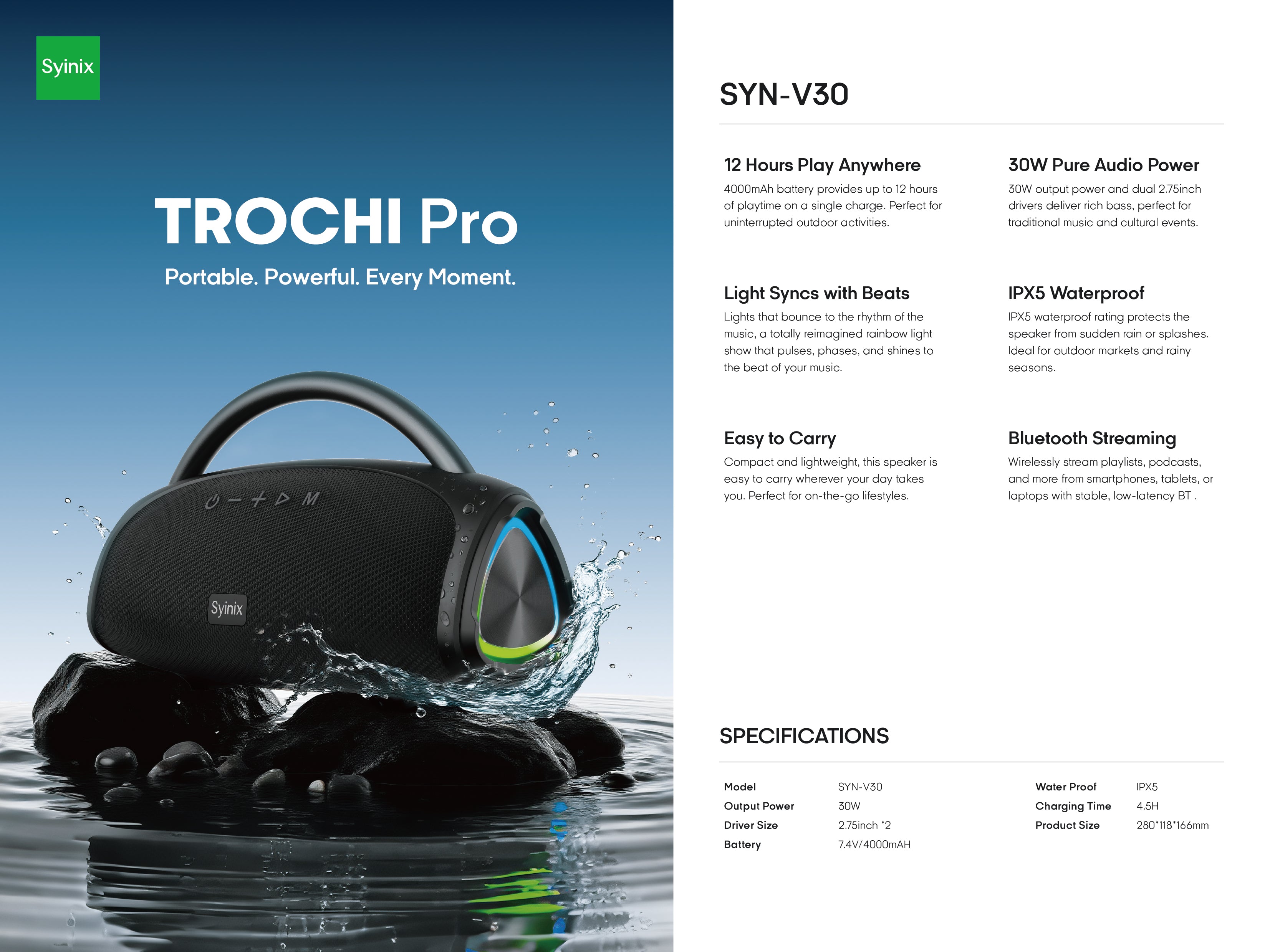 Syinix TROCHI Pro Bluetooth Speaker SYN-V30 – 30W Portable Waterproof Wireless Speaker