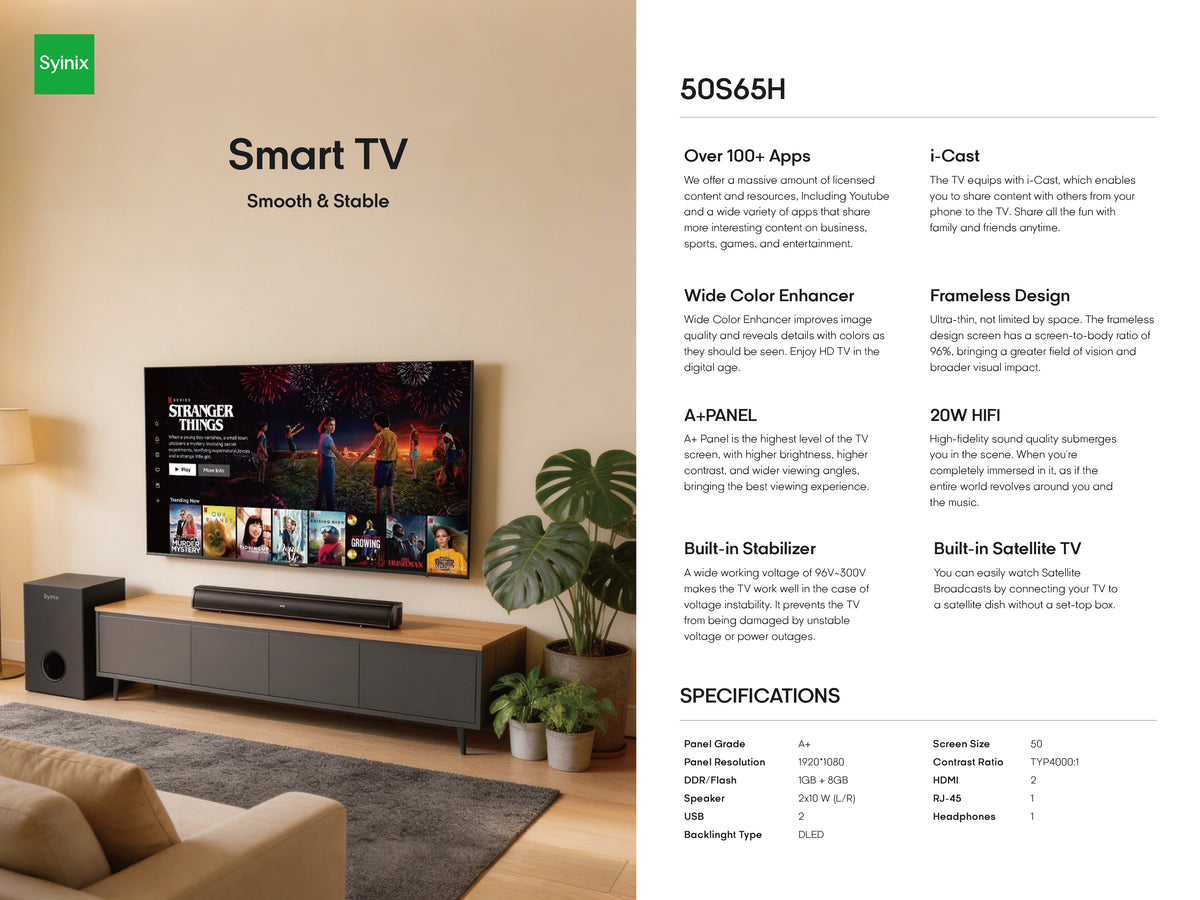 Syinix 50-Inch Full HD Frameless Smart TV 50S65H