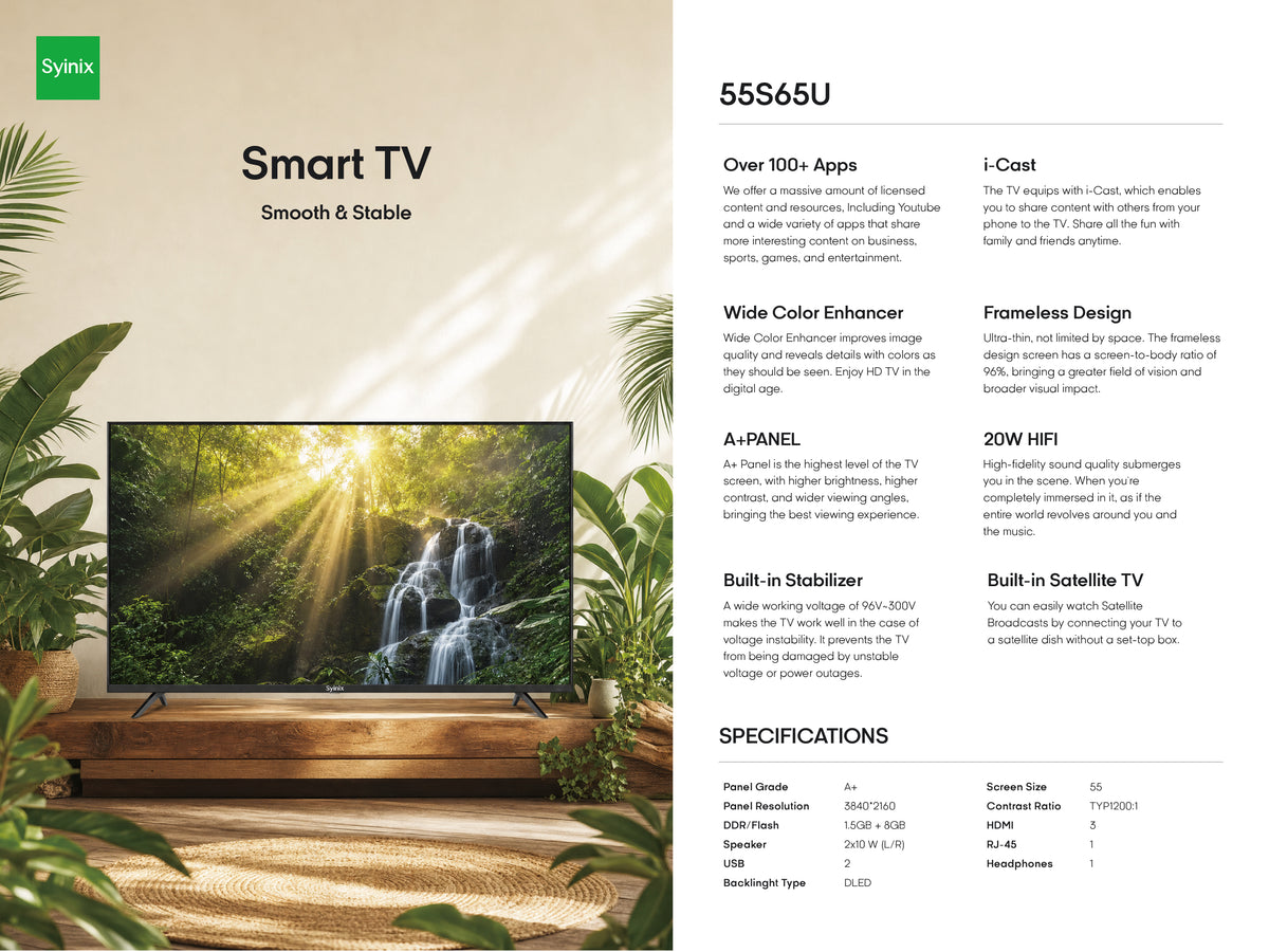Syinix 55-Inch 4K UHD Frameless Smart TV 55S65U