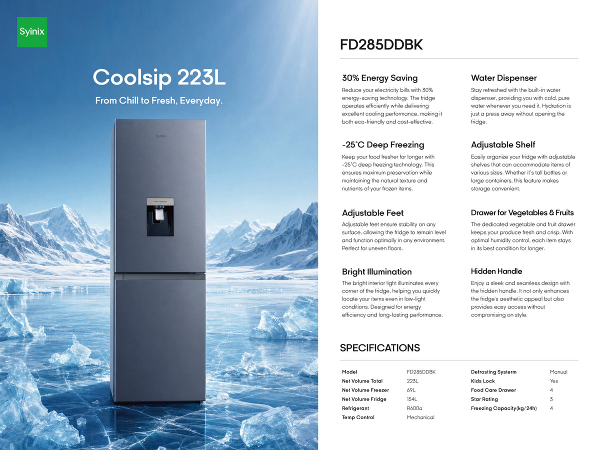 Syinix FD285DDBK Coolsip 223L Fridge Freezer with Water Dispenser