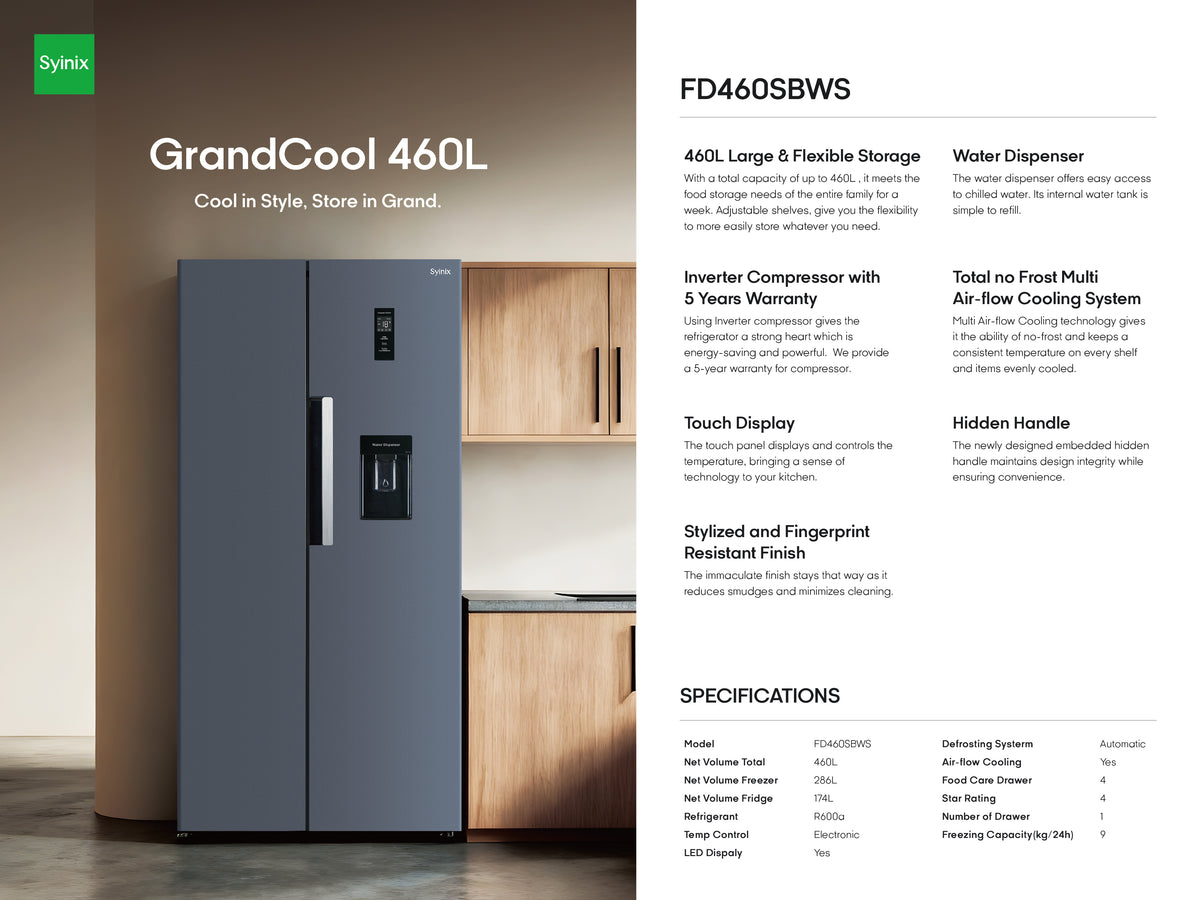 Syinix FD460SBWS GrandCool 460L Side-by-Side Fridge with Water Dispenser