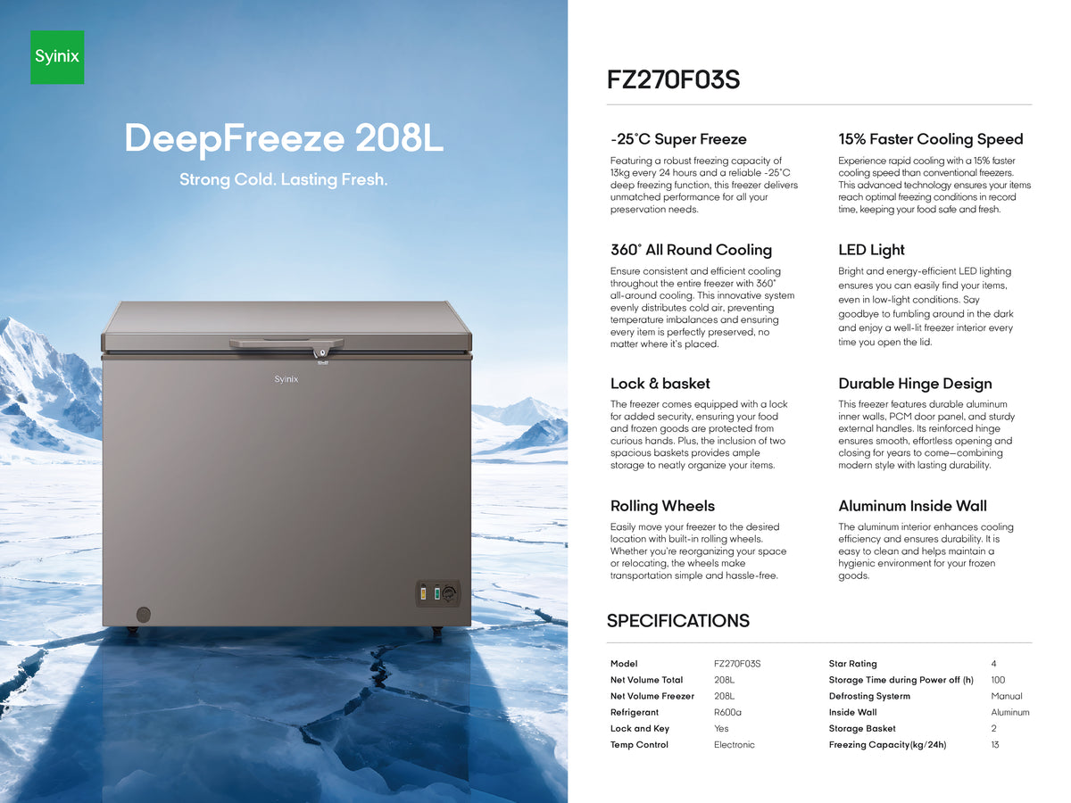 Syinix FZ270F03S DeepFreeze 208L Chest Freezer