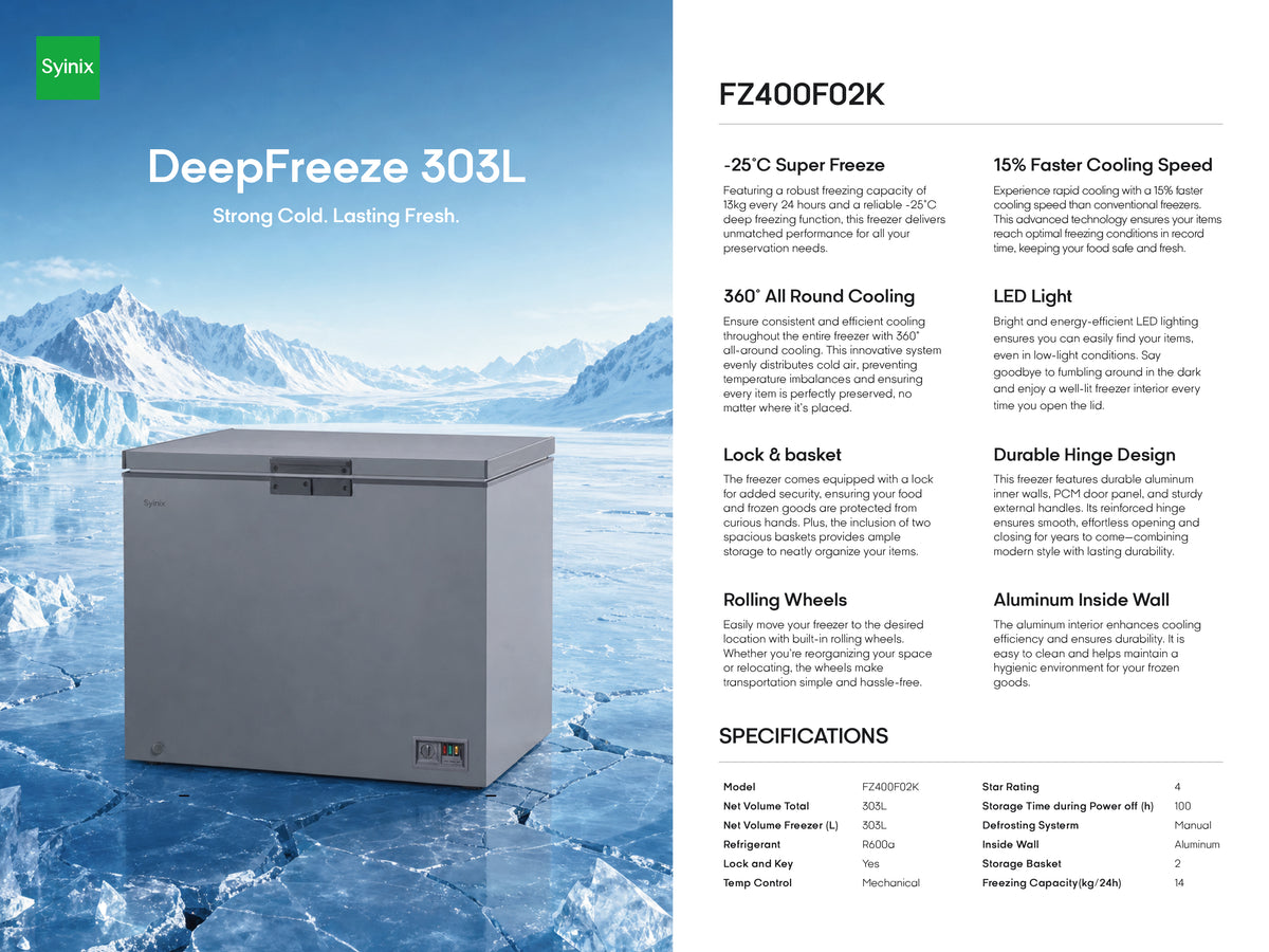 Syinix FZ400F02K DeepFreeze 303L Chest Freezer