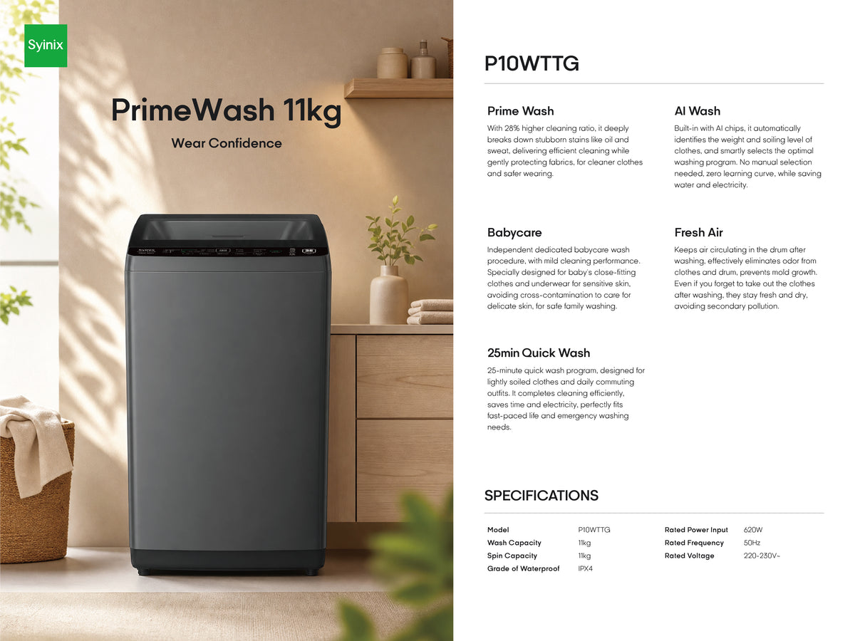 Syinix P12WTTG PrimeWash 12kg Top-Load Washing Machine with AI Wash