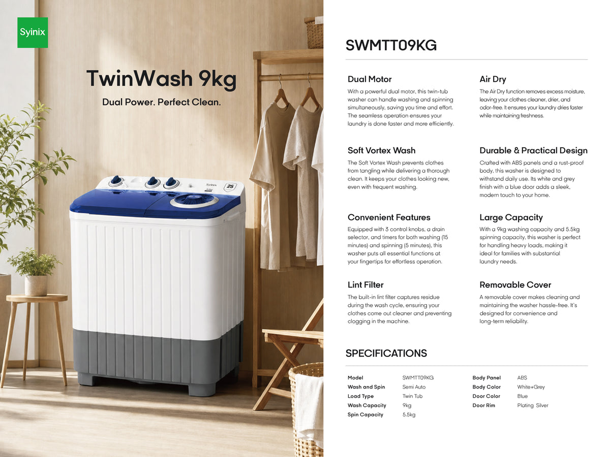 Syinix SWMTT09KG TwinWash 9kg Semi-Automatic Twin-Tub Washing Machine