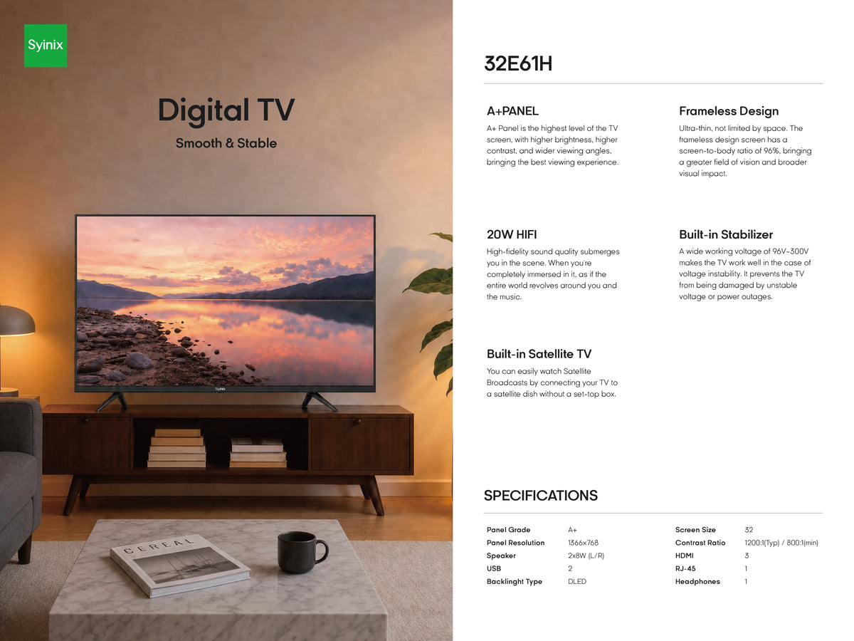 Syinix 32E61H 32-inch digital TV displaying a sunset landscape with its features and specifications.