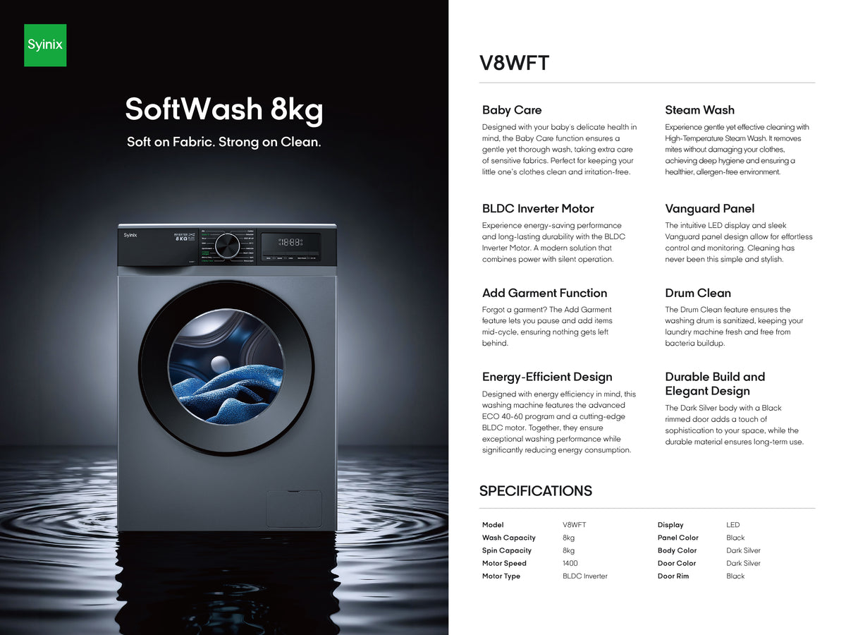 Syinix V8WFT SoftWash 8kg Front-Load Inverter Washing Machine with Steam Wash