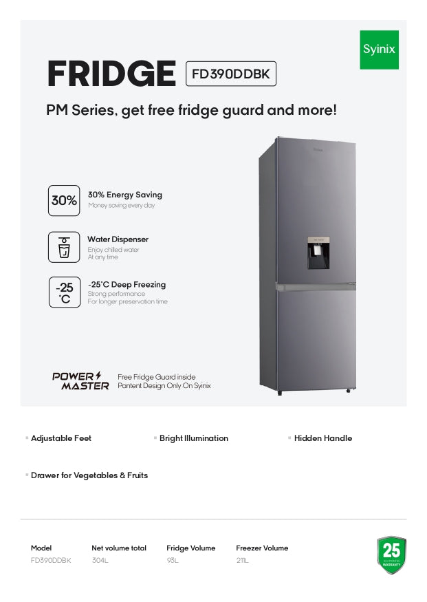 SYINIX POWER MASTER DOUBLE DOOR FRIDGE (304L) FD390DDBK