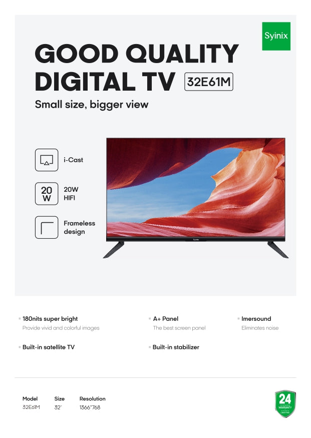 SYINIX 32'' FRAMELESS DIGITAL TV- ICAST 32E61M