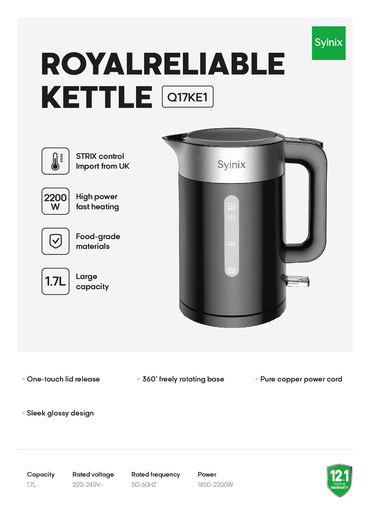 SYINIX ROYAL RELIABLE KETTLE 1.7L 2200W-Q17KE1