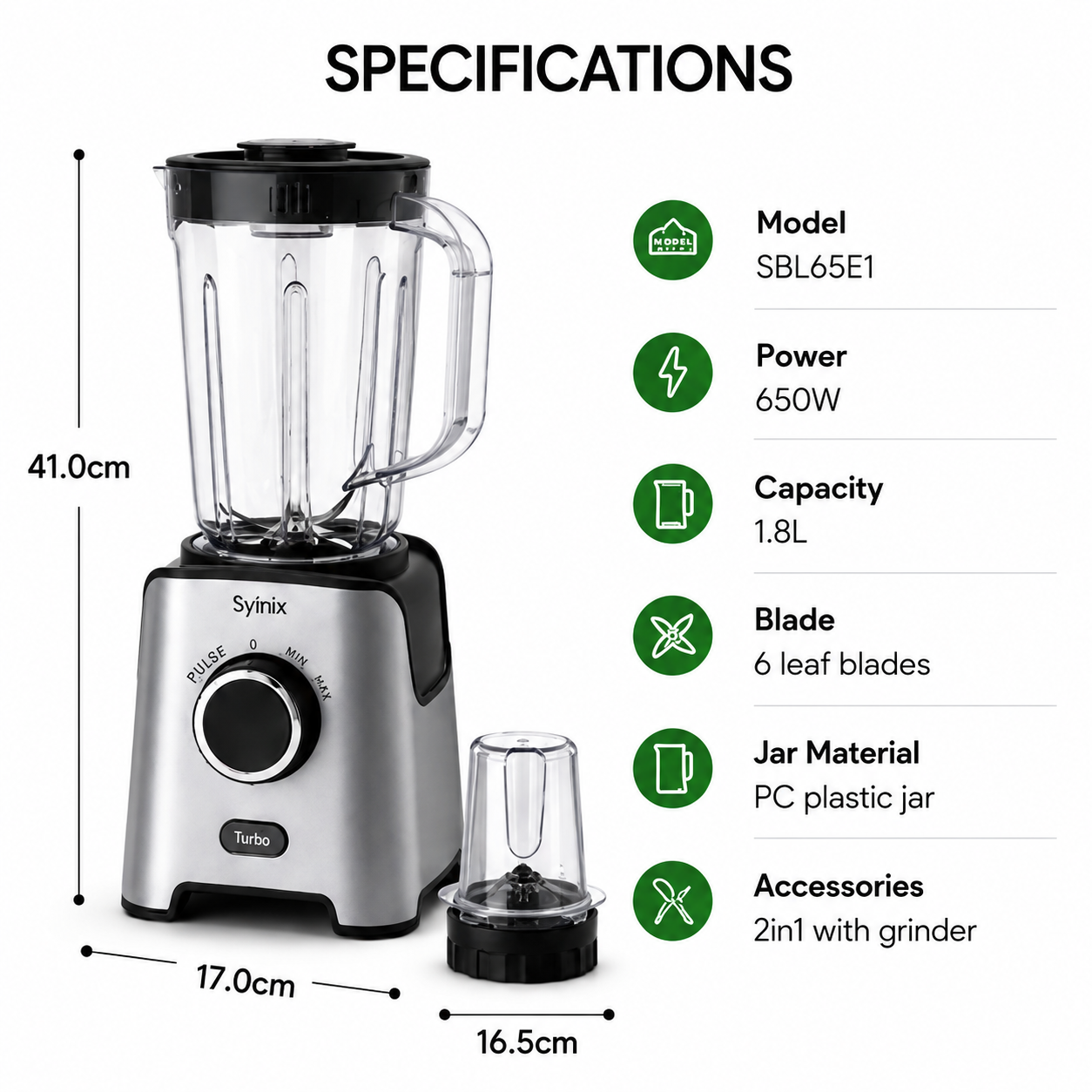 Syinix PowerMix 2-in-1 Blender SBL65E1 – 650W Blender & Grinder with Turbo Function