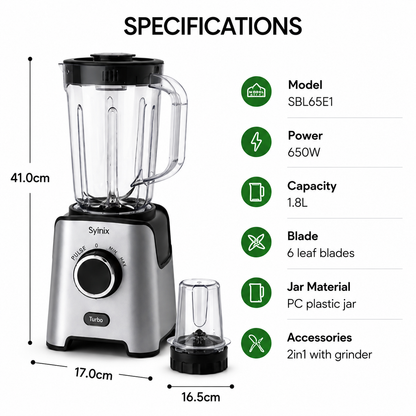 Syinix PowerMix 2-in-1 Blender SBL65E1 – 650W Blender & Grinder with Turbo Function
