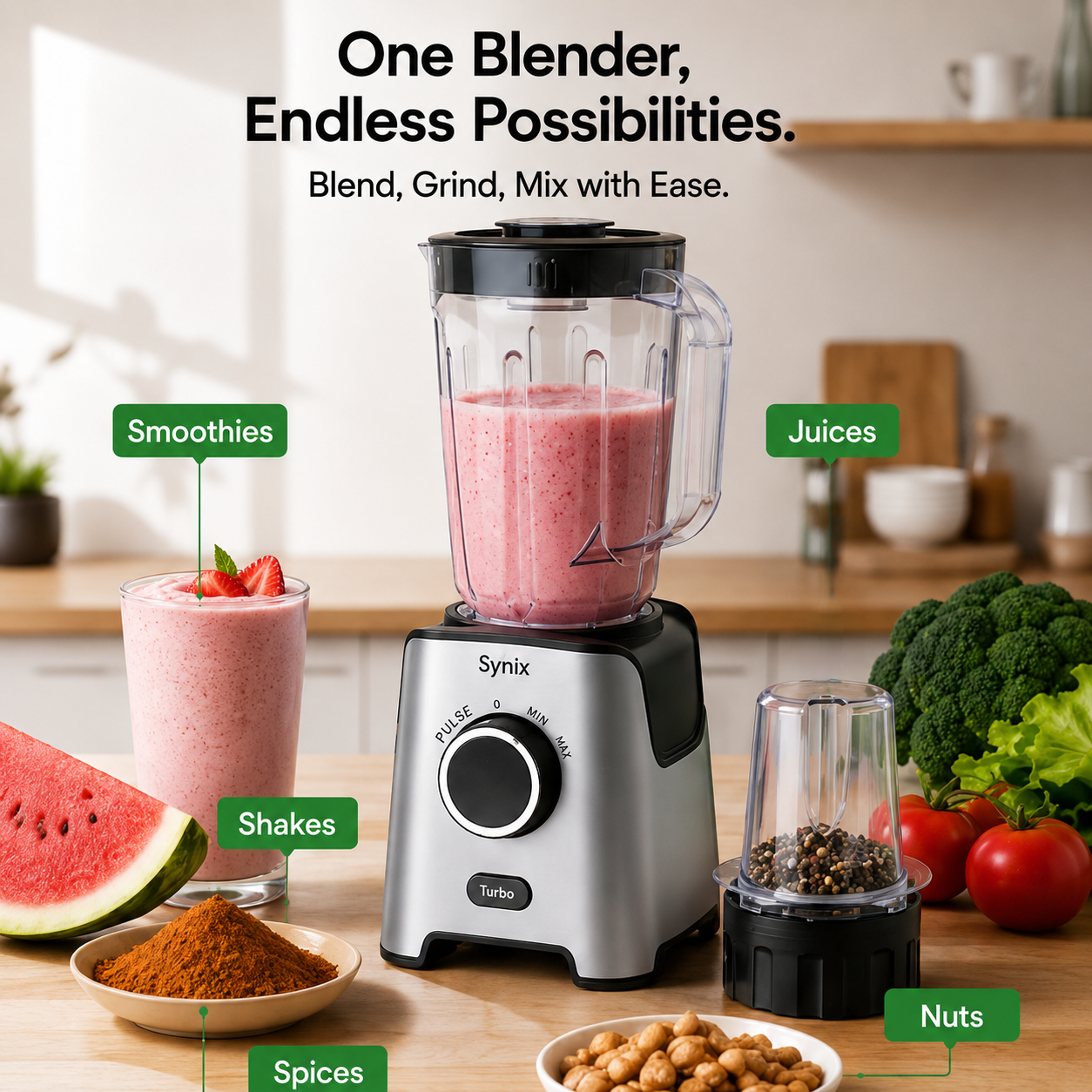 Syinix PowerMix 2-in-1 Blender SBL65E1 – 650W Blender & Grinder with Turbo Function