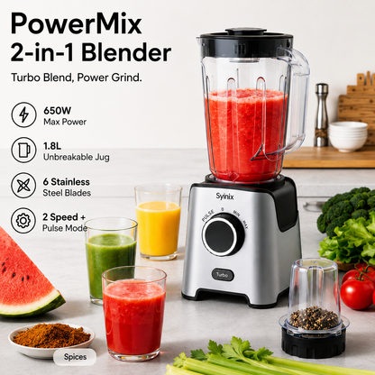 Syinix PowerMix 2-in-1 Blender SBL65E1 – 650W Blender & Grinder with Turbo Function