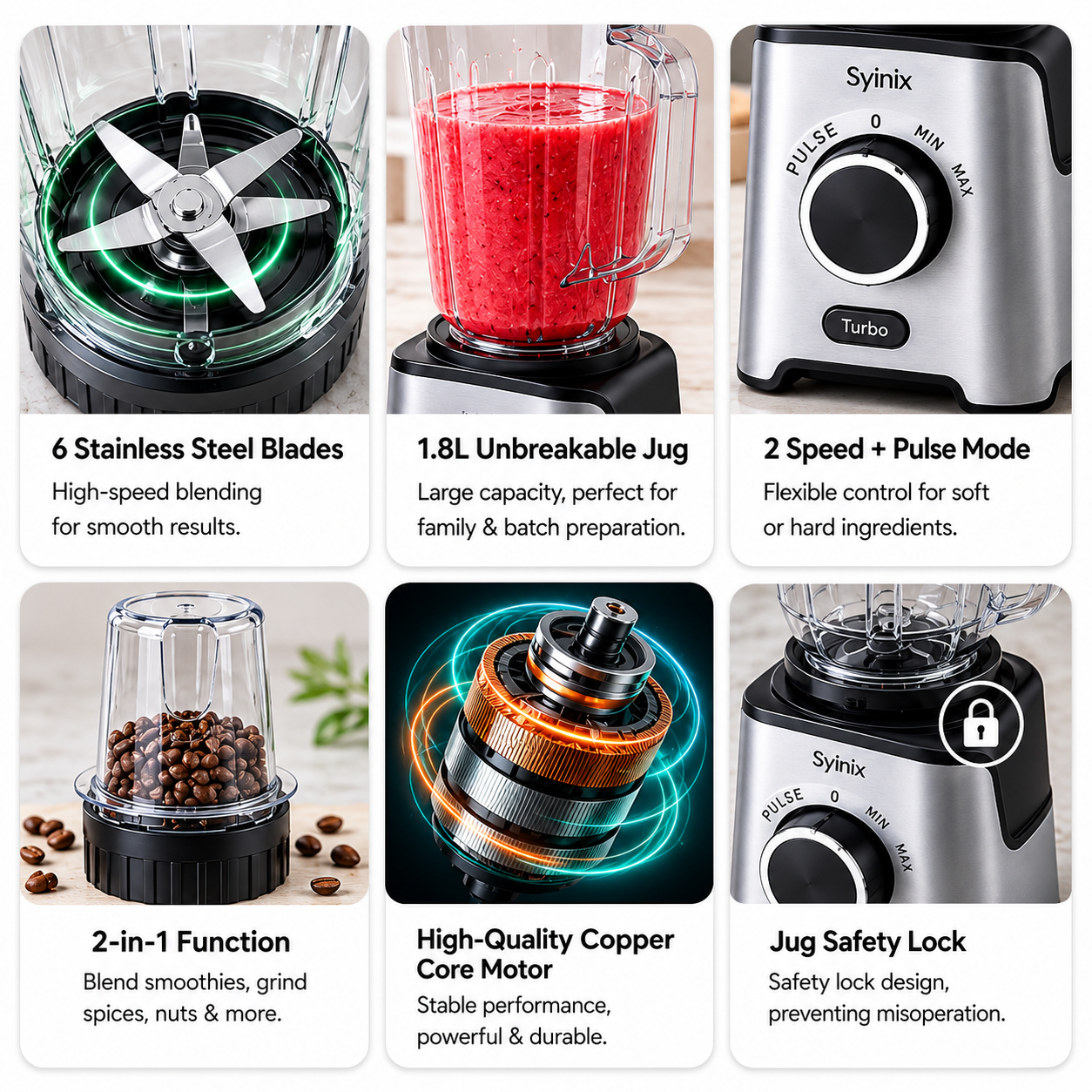 Syinix PowerMix 2-in-1 Blender SBL65E1 – 650W Blender & Grinder with Turbo Function