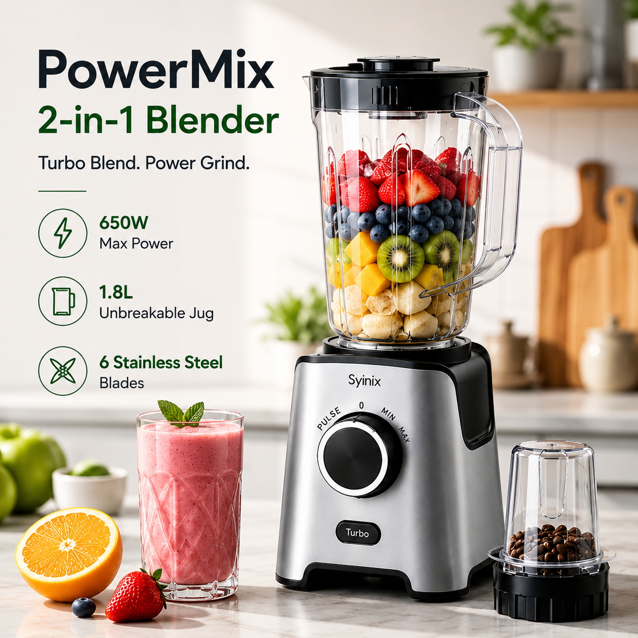 Syinix PowerMix 2-in-1 Blender SBL65E1 – 650W Blender & Grinder with Turbo Function