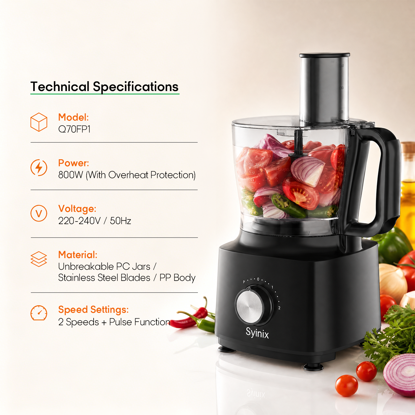 Syinix 800W 5-in-1 Food Processor & Blender (Q70FP1) - 2.1L Unbreakable Jar | PrimeBlend Culinary Master for Chopping & Dough