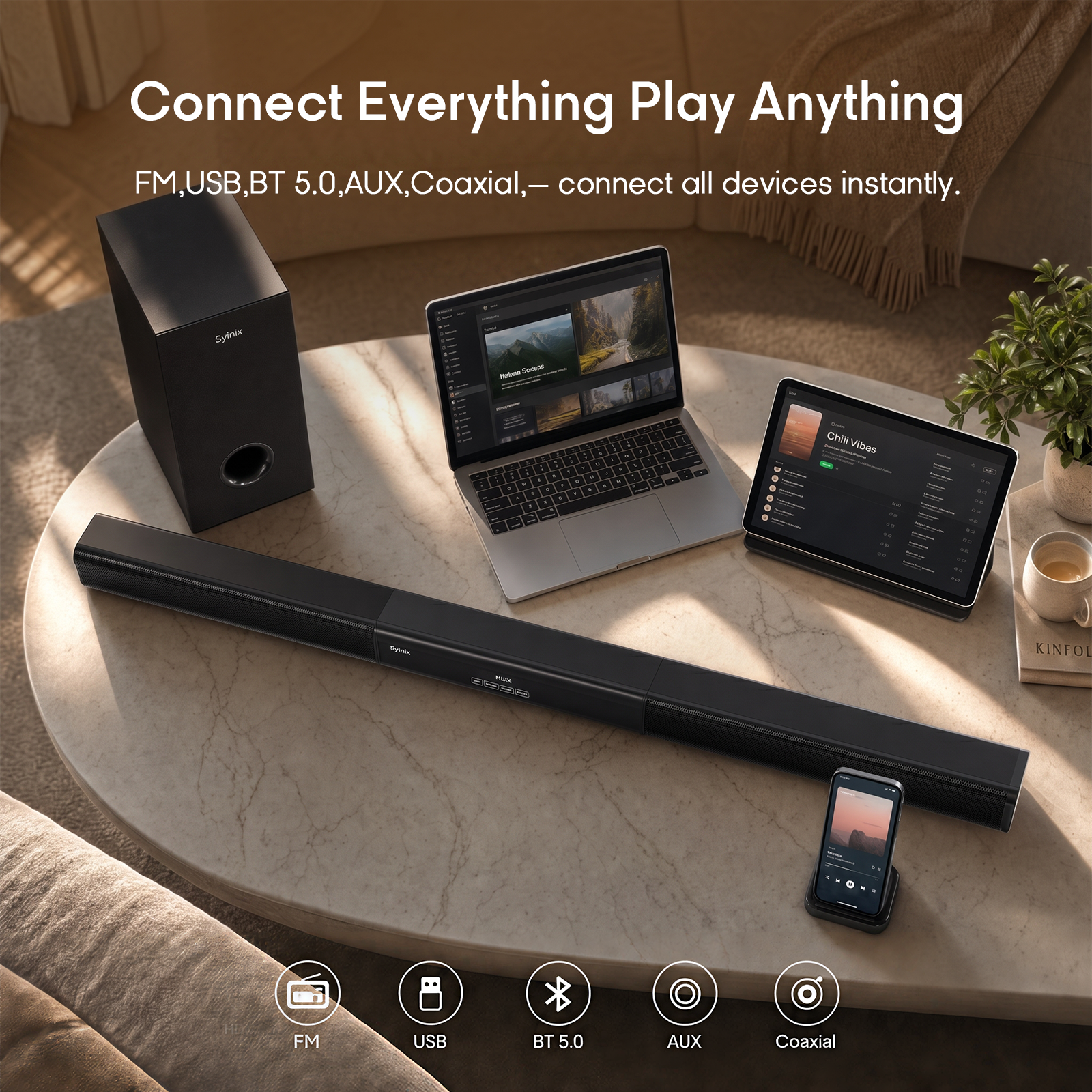 Syinix SYN-S60 Soundbar with Subwoofer – Bluetooth Home Theater Audio System