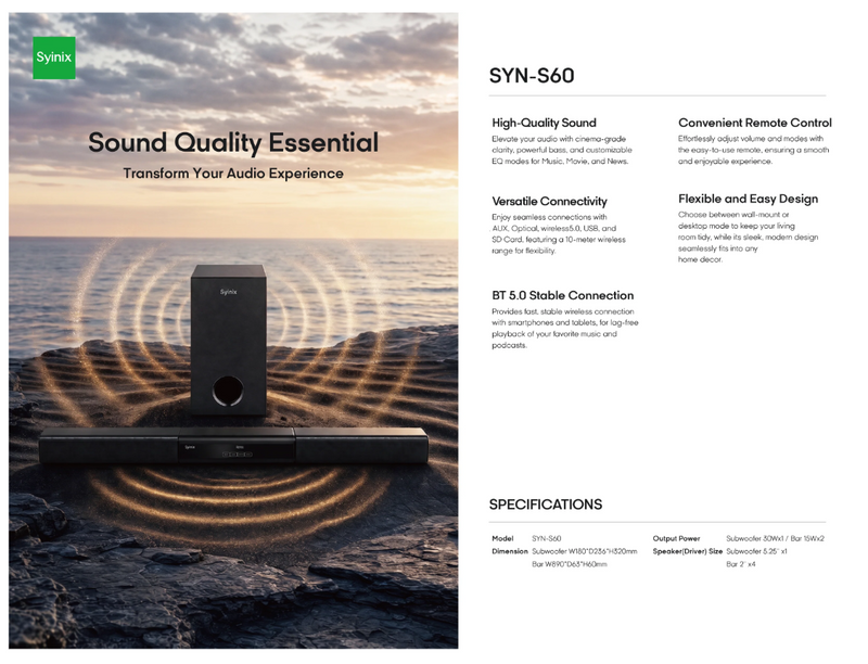 Syinix SYN-S60 Soundbar with Subwoofer – Bluetooth Home Theater Audio System