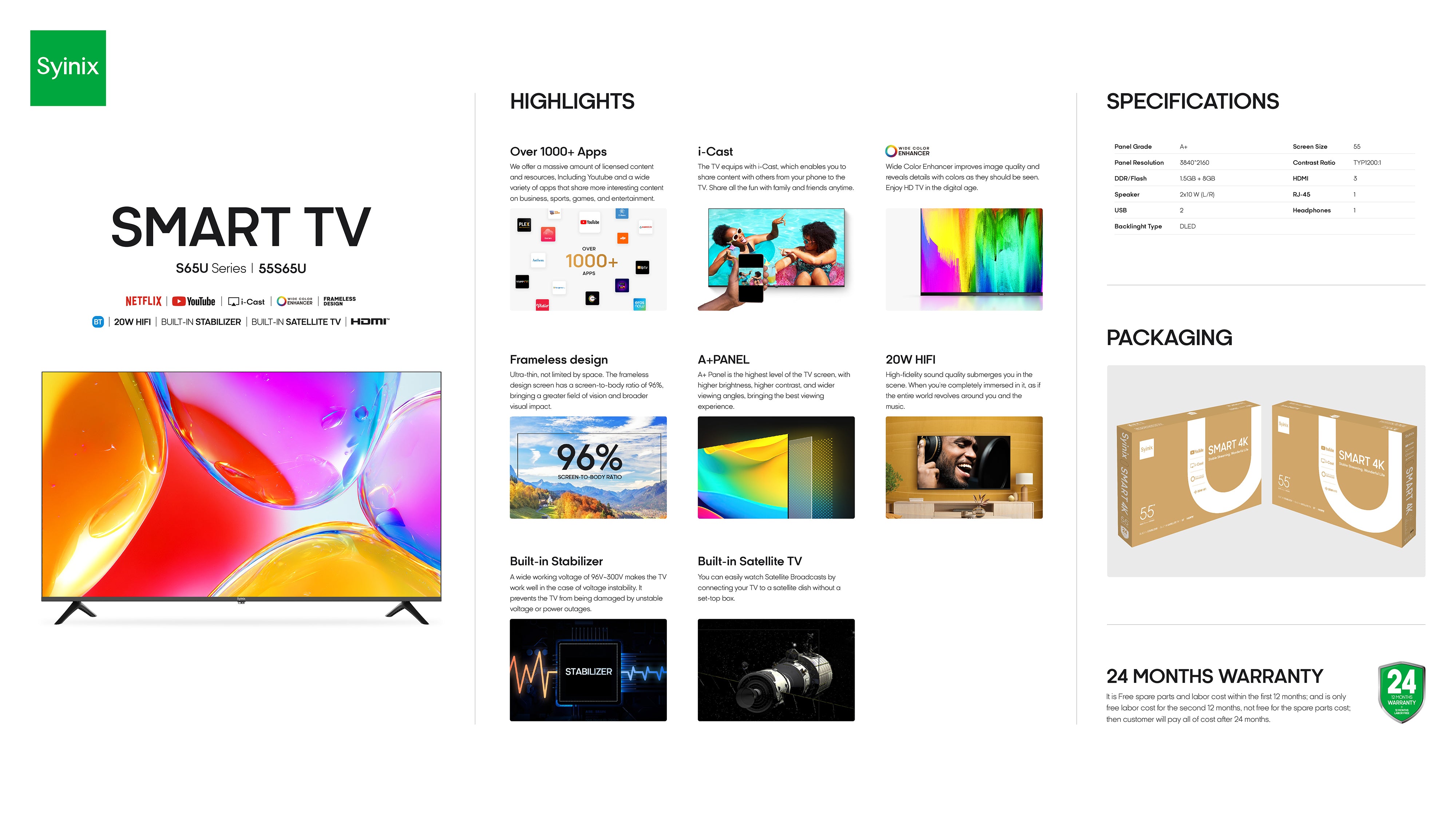 SYINIX 55'' FRAMELESS SMART TV  55S65