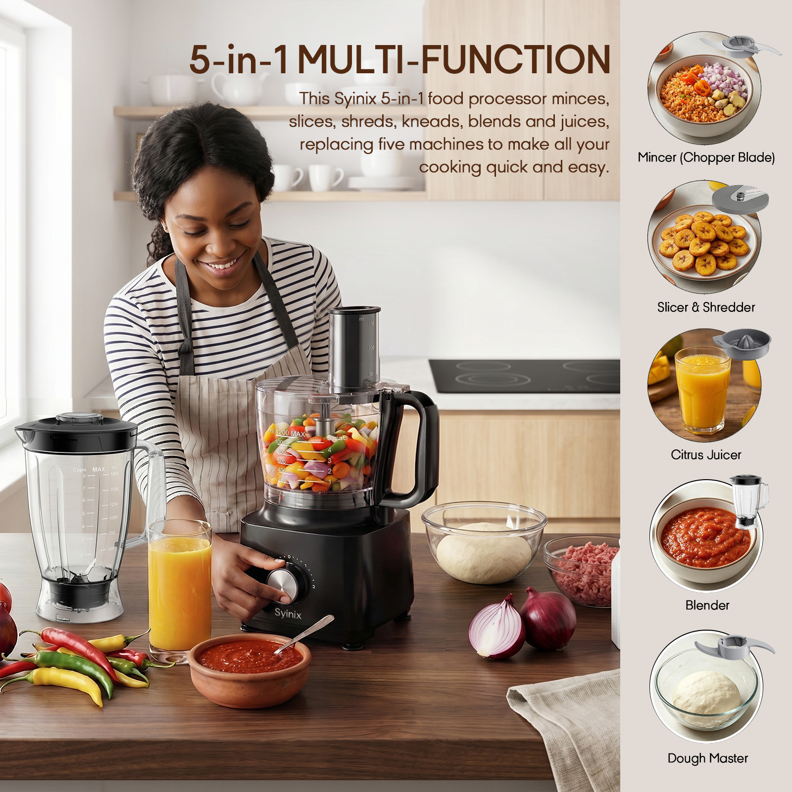 Syinix 800W 5-in-1 Food Processor & Blender (Q70FP1) - 2.1L Unbreakable Jar | PrimeBlend Culinary Master for Chopping & Dough