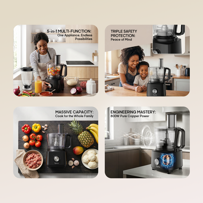 Syinix 800W 5-in-1 Food Processor & Blender (Q70FP1) - 2.1L Unbreakable Jar | PrimeBlend Culinary Master for Chopping & Dough