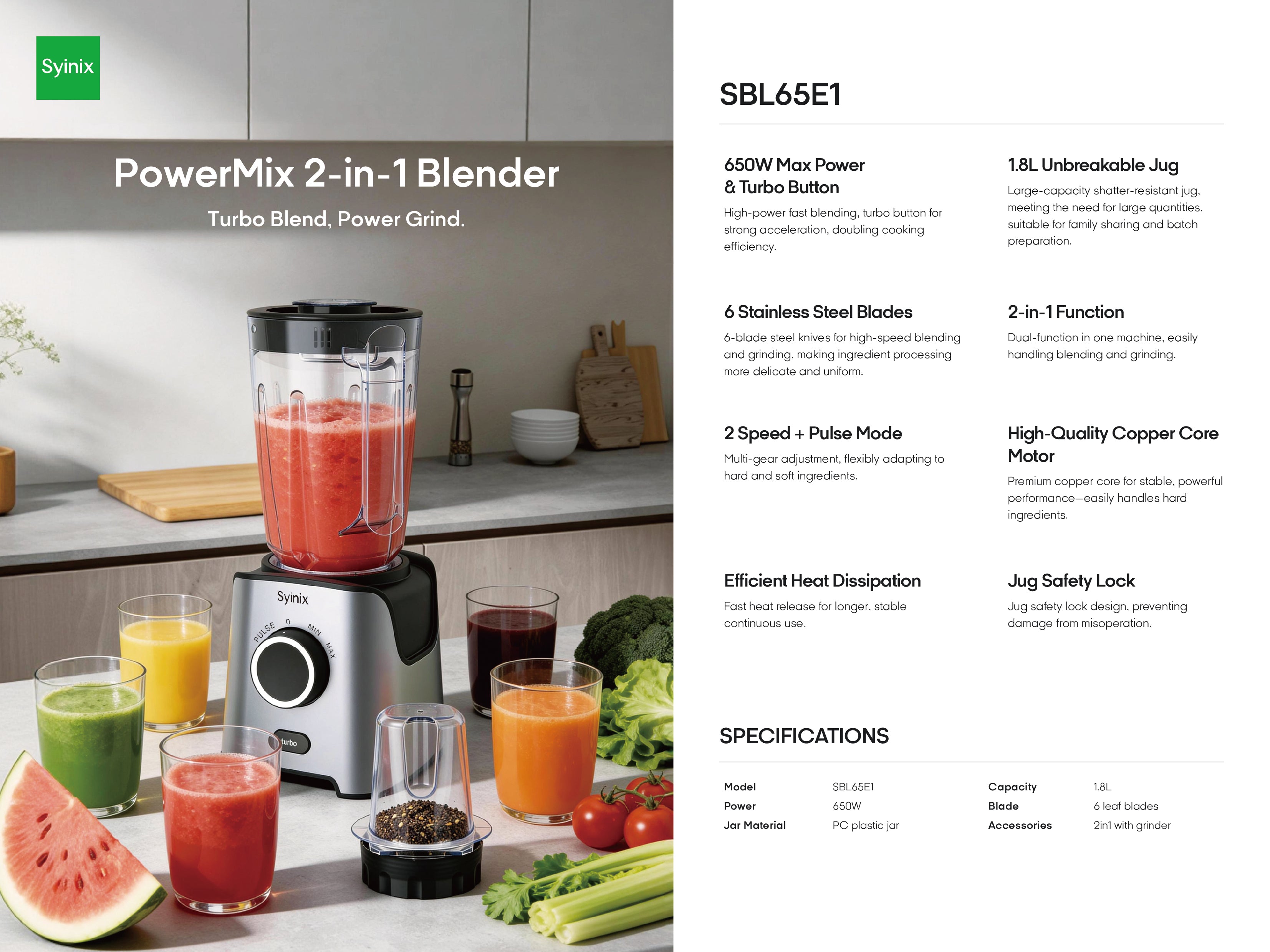 Syinix PowerMix 2-in-1 Blender SBL65E1 – 650W Blender & Grinder with Turbo Function
