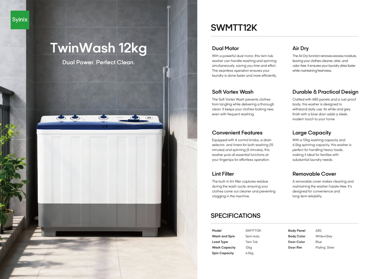 Syinix SWMTT12K TwinWash 12kg Semi-Automatic Twin-Tub Washing Machine