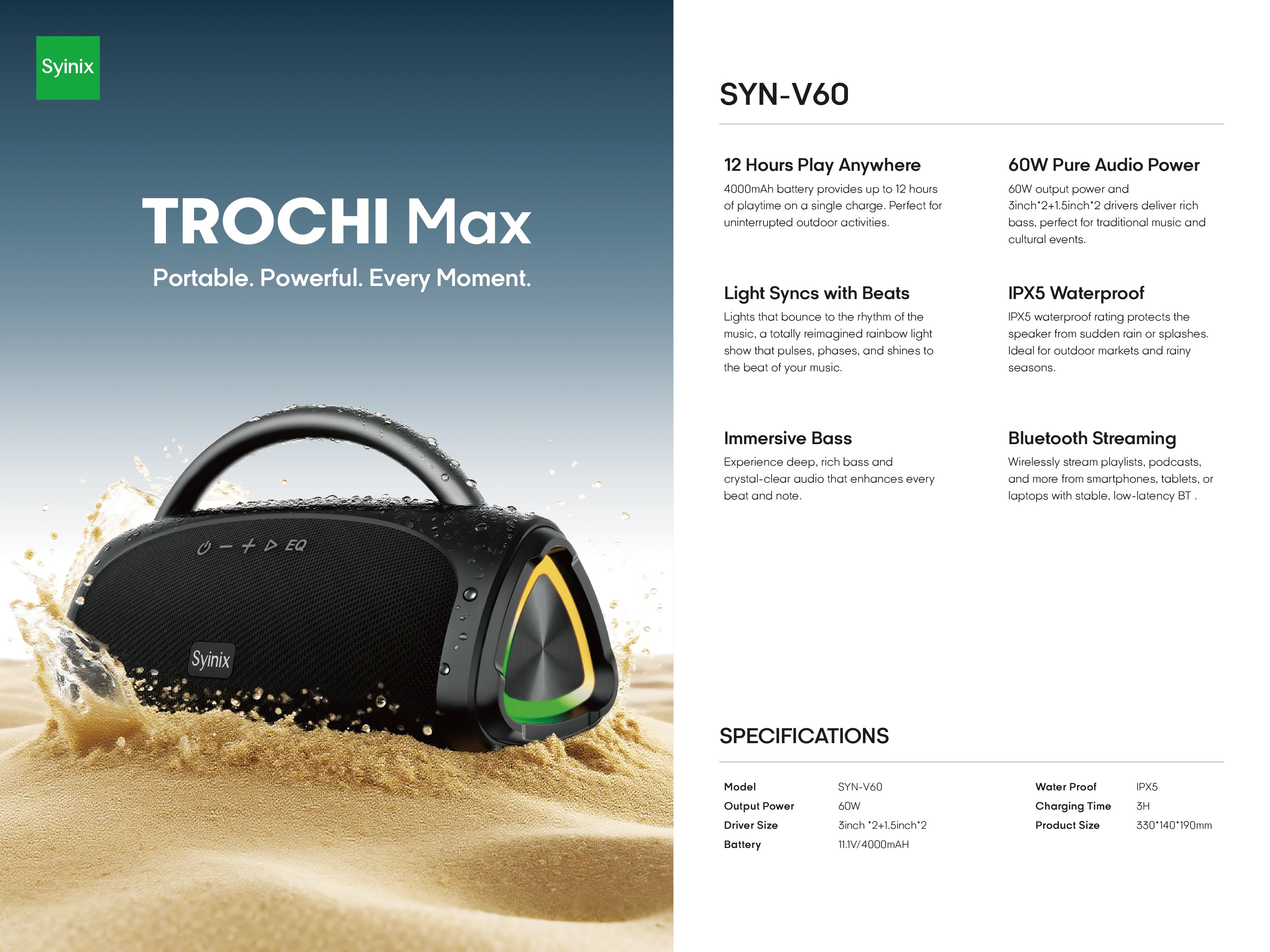 Syinix TROCHI Max Bluetooth Speaker SYN-V60 – 60W Portable Waterproof Wireless Speaker