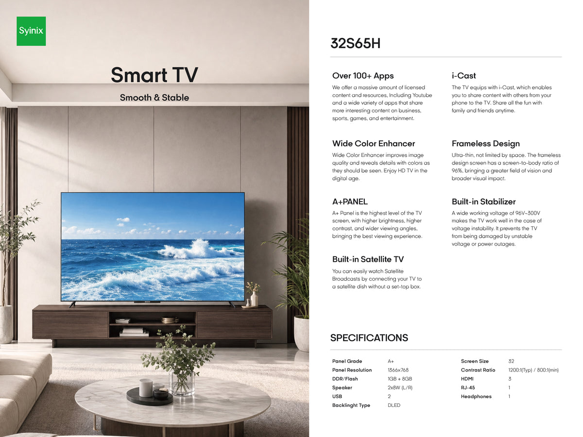 Syinix 32-Inch Frameless Smart TV 32S65H | i-Cast
