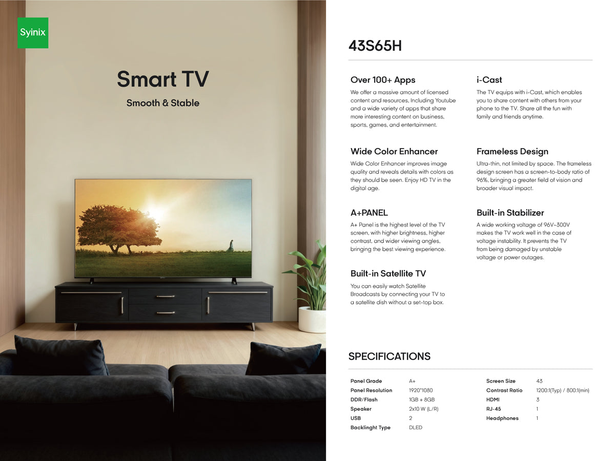 Syinix 43-Inch Full HD Frameless Smart TV 43S65H