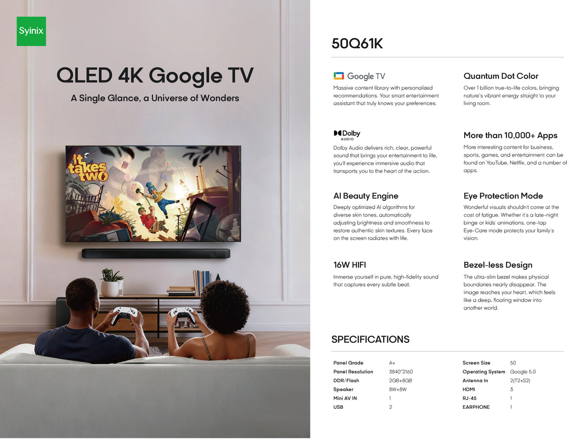 Syinix 50-Inch QLED 4K Google TV 50Q61K