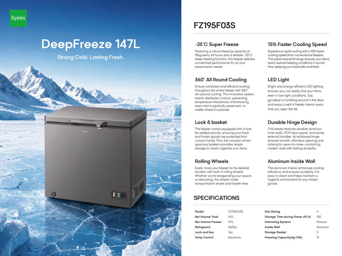 Syinix FZ195F03S DeepFreeze 147L Chest Freezer