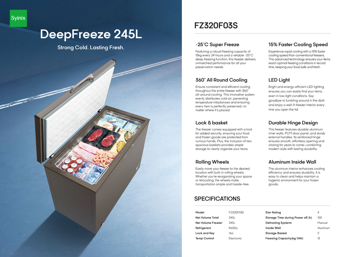 Syinix FZ320F03S DeepFreeze 245L Chest Freezer