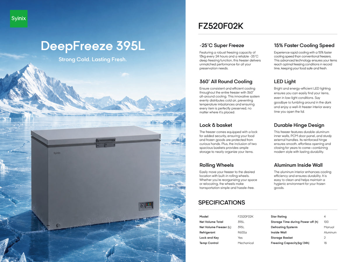Syinix FZ520F02K DeepFreeze 395L Chest Freezer