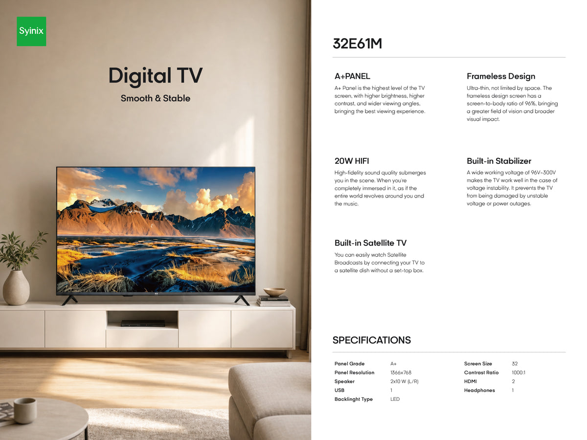 Syinix 32-Inch Frameless Digital TV 32E61M | i-Cast