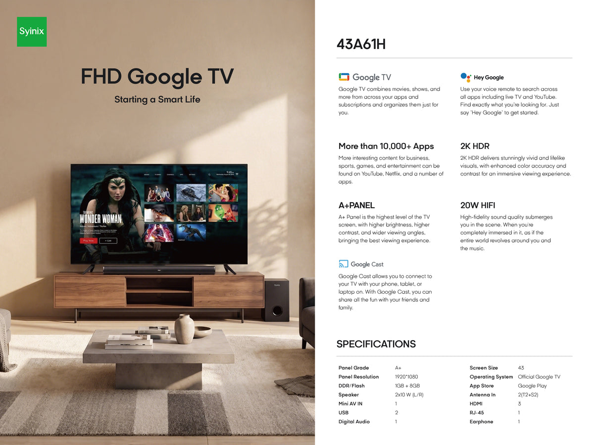 Syinix 43-Inch Full HD Google TV 43A61H