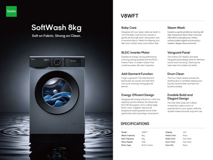 Syinix V8WFT SoftWash 8kg Front-Load Inverter Washing Machine with Steam Wash