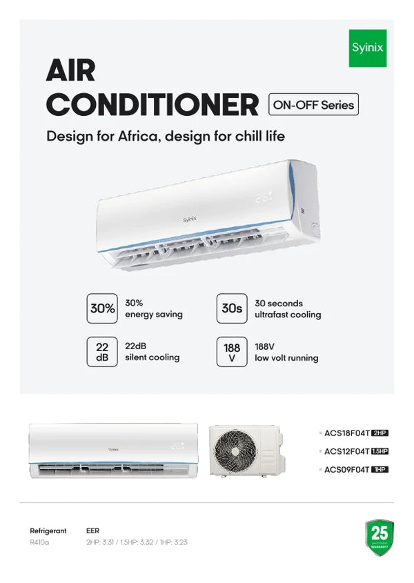 Syinix On-Off split air conditioner series featuring ACS18F04T 2HP specifications