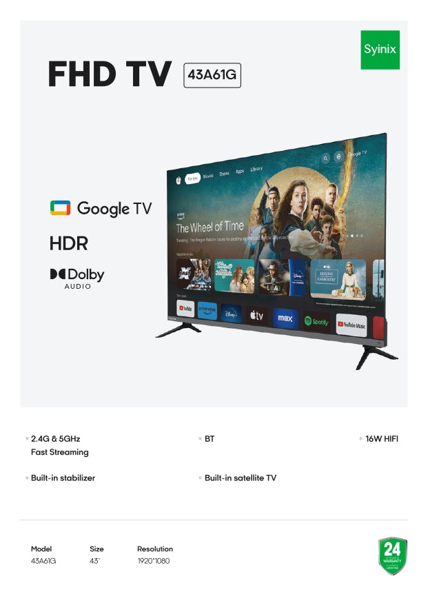 SYINIX 43'' FRAMELESS FHD GOOGLE TV 43A61G